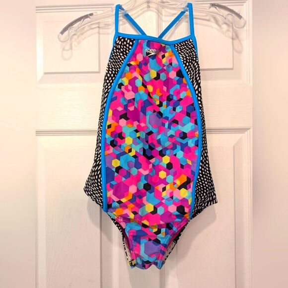 Speedo Pink Blue Yellow Thin Strap One Piece Swimsuit Girls Size 14 Raceback - Picture 2 of 9